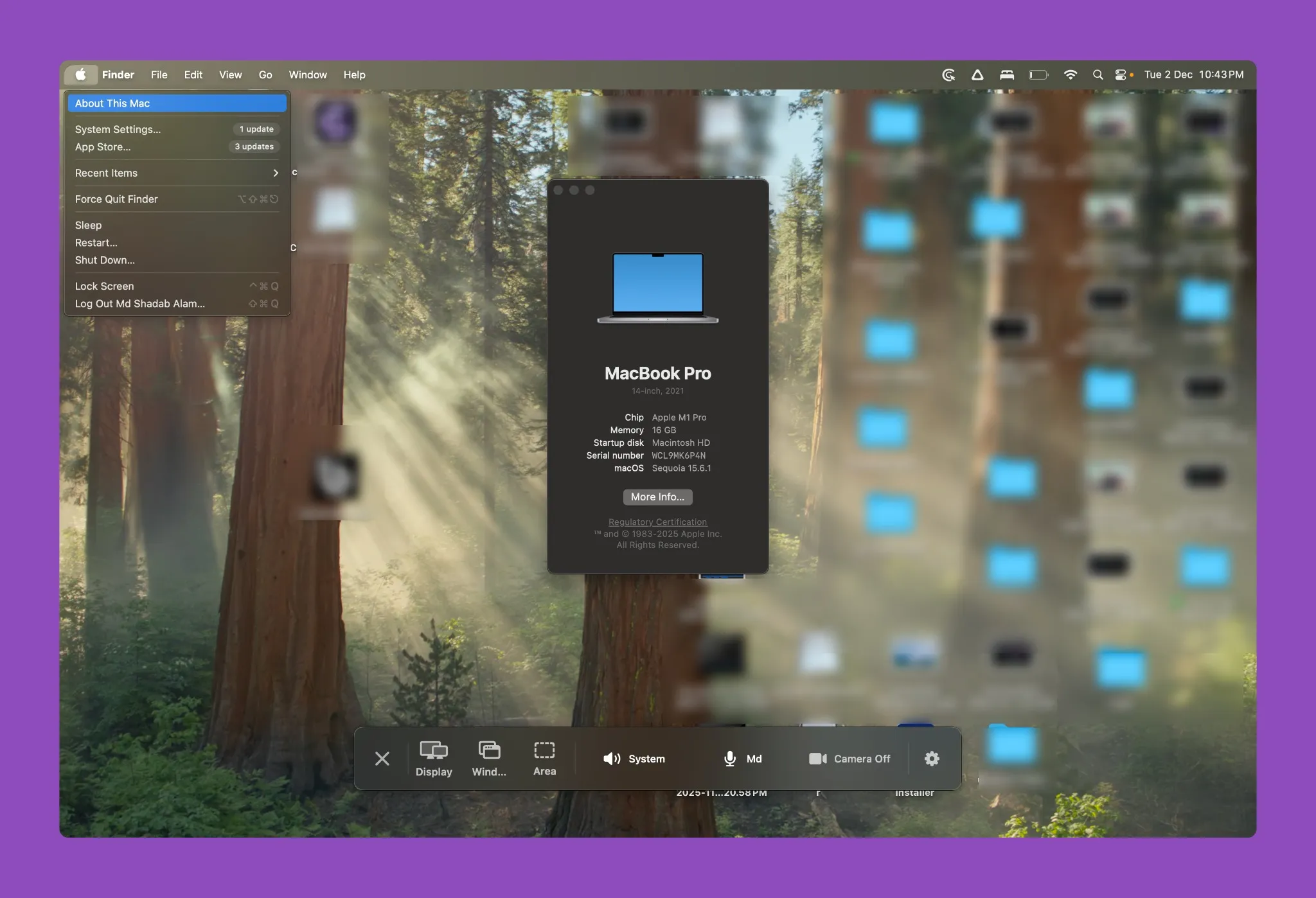 About This Mac window showing macOS version, processor, and memory information