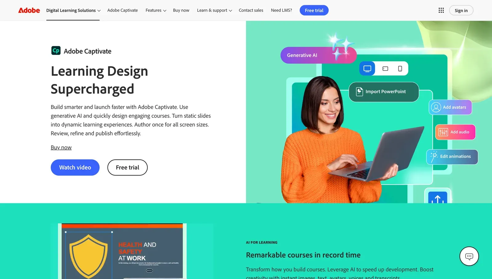 Adobe Captivate product page image for e-learning and screen simulation software.