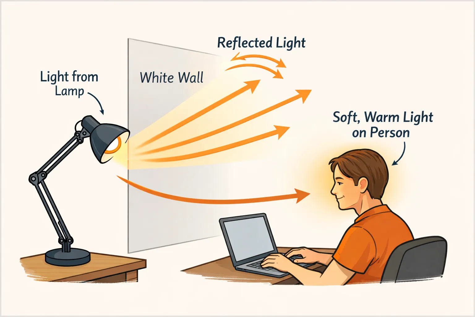 Bounce lighting diagram showing light reflecting off wall