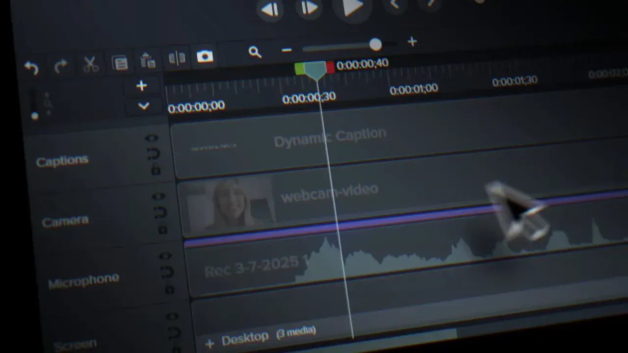 Camtasia editor showing video, captions, camera and microphone tracks on a timeline