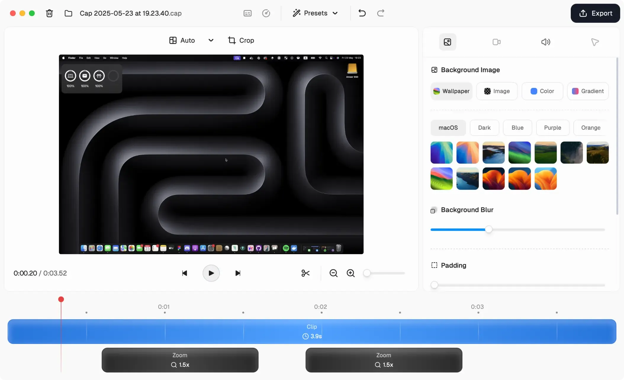 Cap editor showing a screen recording canvas and timeline controls