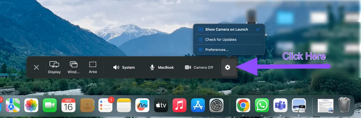 CursorClip menu bar with arrow pointing to the Settings icon
