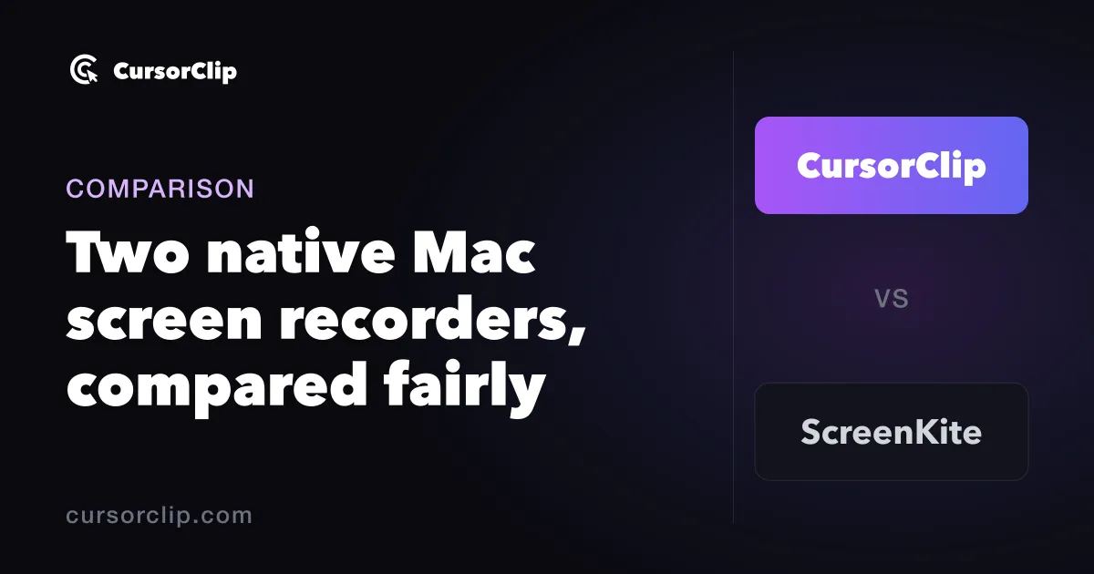 CursorClip versus ScreenKite name cards next to the headline "Two native Mac screen recorders, compared fairly"