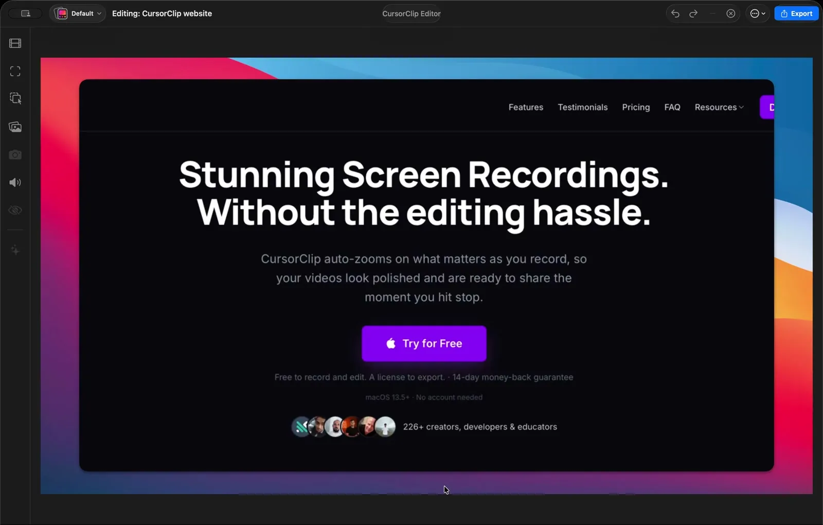 CursorClip 2.0 editor with a saved Look applied to a screen recording.