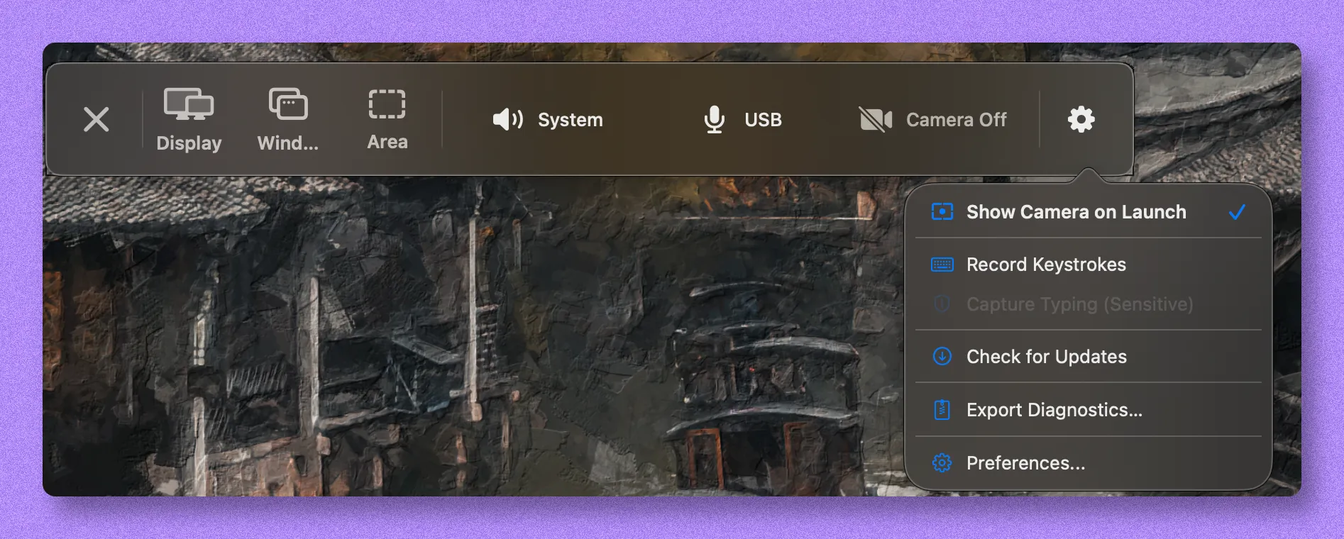 CursorClip control bar with the gear menu open, Export Diagnostics option visible