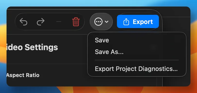 CursorClip editor More Options menu open, showing Export Project Diagnostics