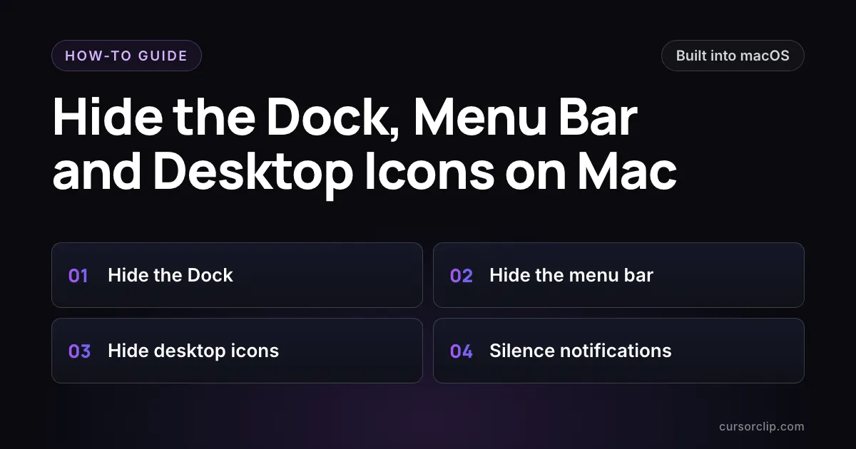 Hide the Dock, Menu Bar and Desktop Icons on Mac guide card with four numbered parts: hide the Dock, hide the menu bar, hide desktop icons, and silence notifications