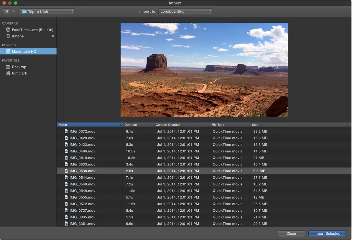 iMovie Import window with a storage device selected, a video preview, a file list, and the Import Selected button