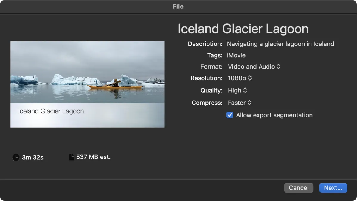 iMovie File share dialog showing Format, Resolution, Quality, Compress, estimated size, and the Next button