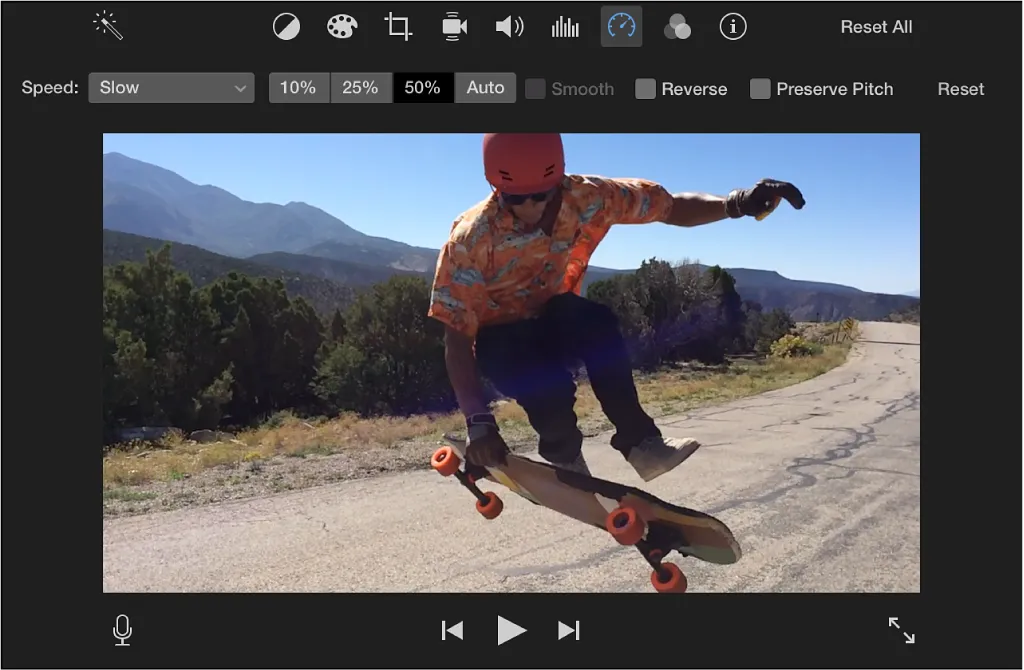 iMovie speed controls showing Slow selected, speed percentage buttons, and the Preserve Pitch checkbox