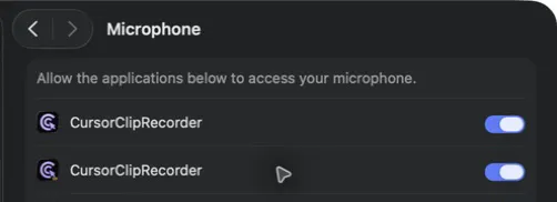 macOS Microphone settings with CursorClipRecorder enabled