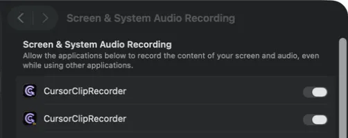 macOS Screen and System Audio Recording settings with CursorClipRecorder enabled
