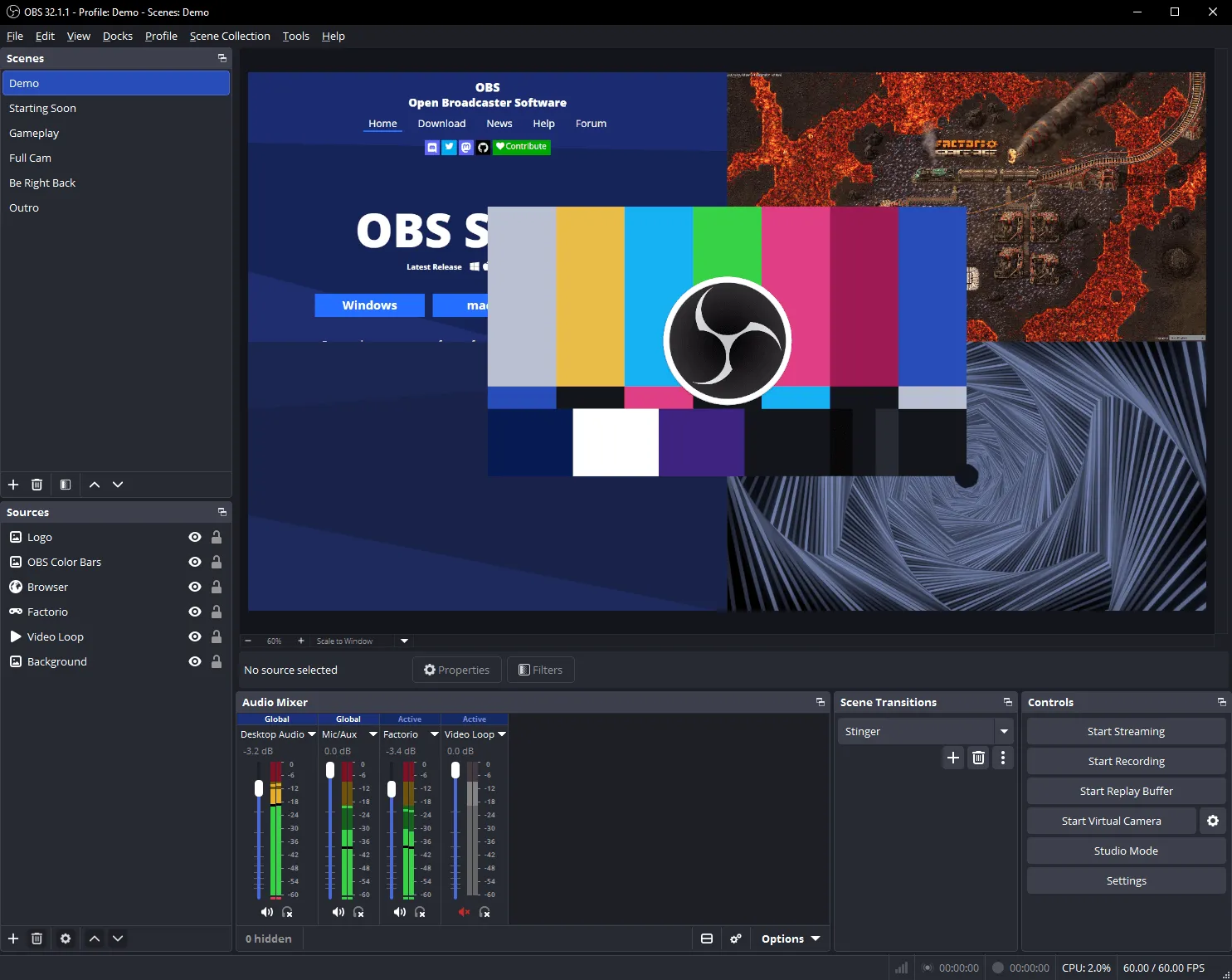 OBS Studio interface with scenes, sources, audio mixer and recording controls