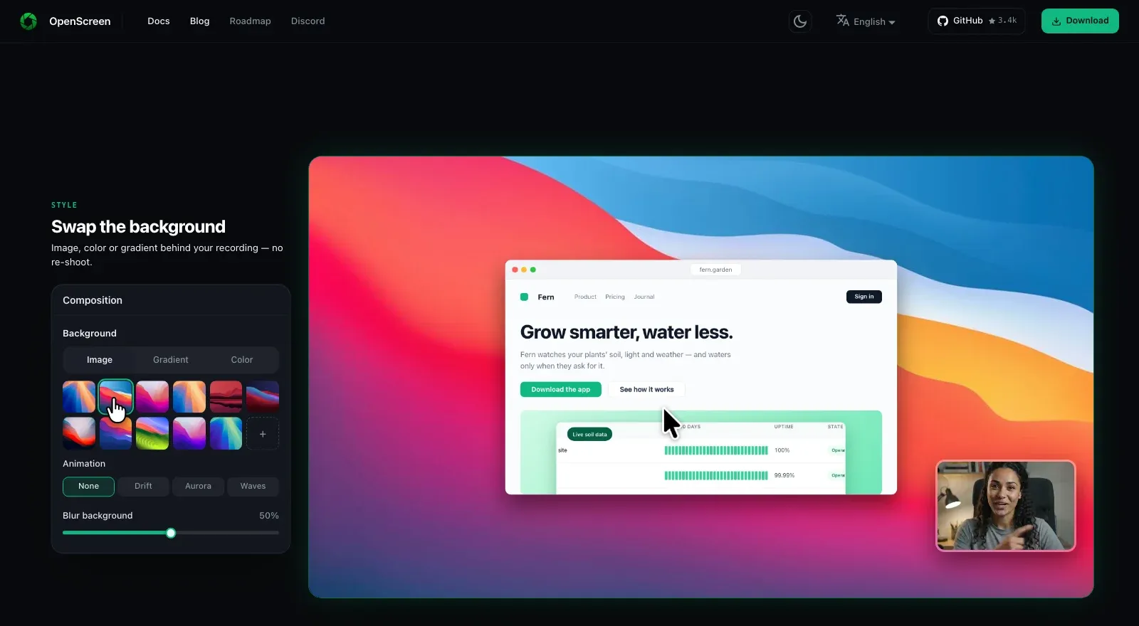 OpenScreen website showing its background, gradient and webcam composition controls