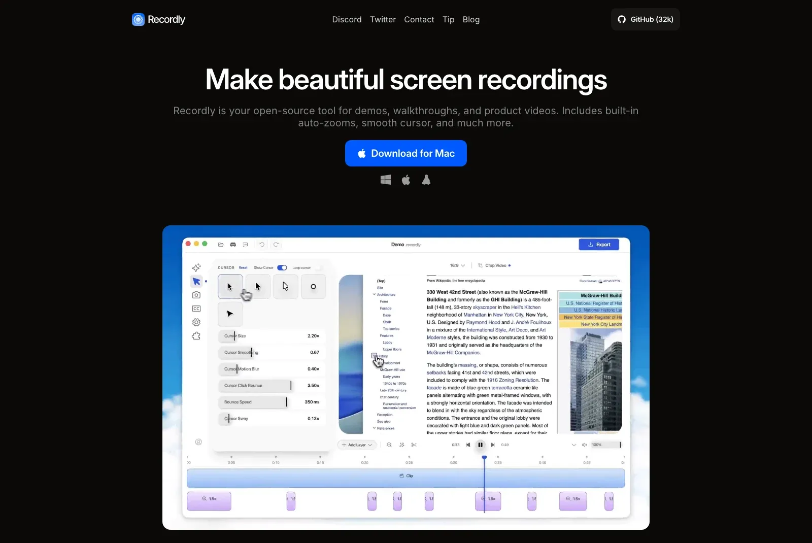 Recordly website showing its editor with cursor controls and a zoom timeline