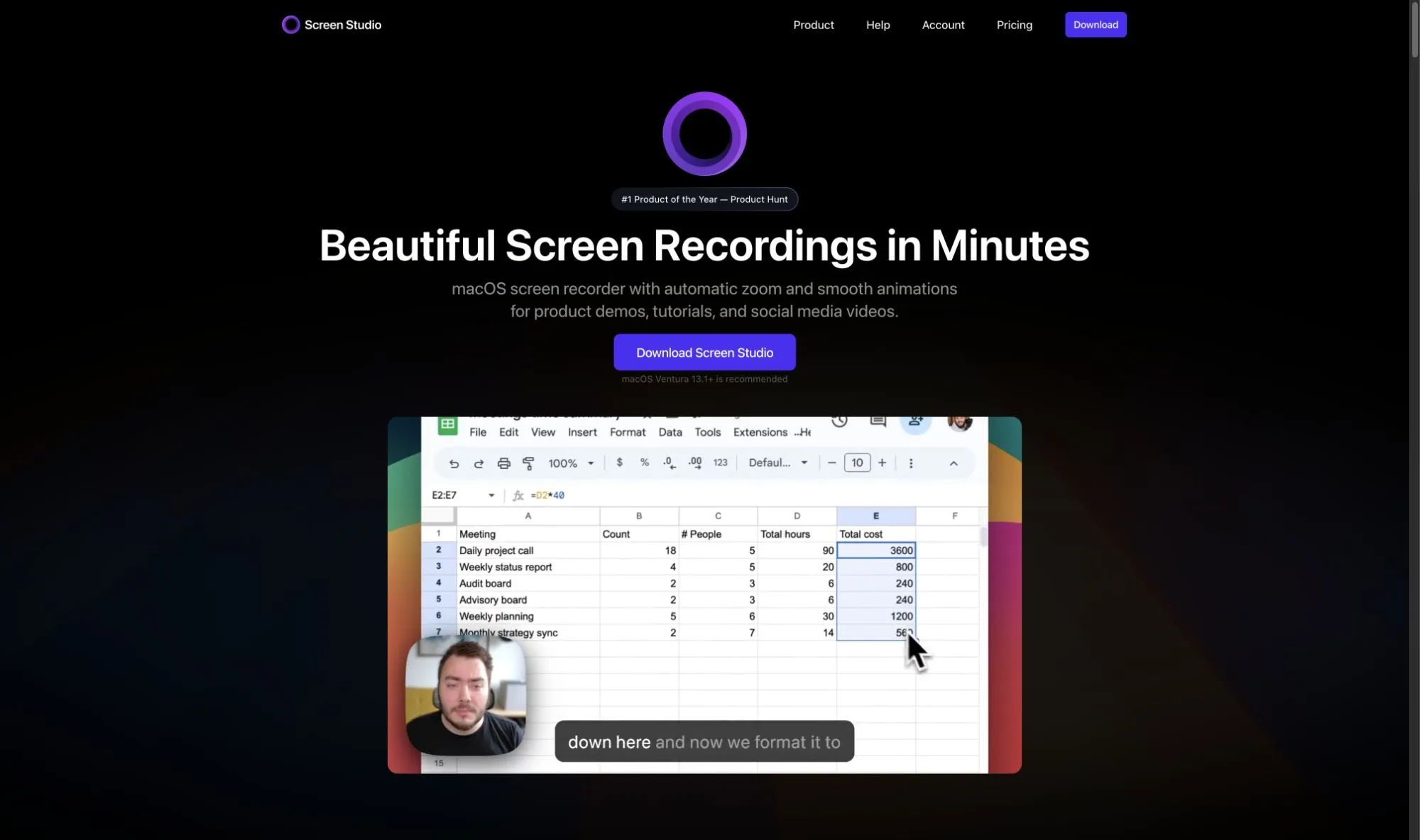 Screen Studio website showing a screen recording example with webcam and captions