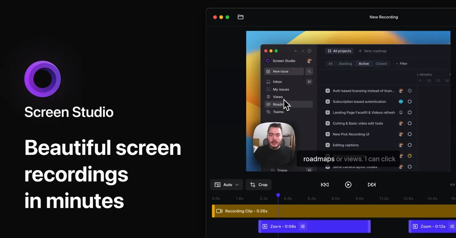 Screen Studio app preview showing polished Mac screen recording output.