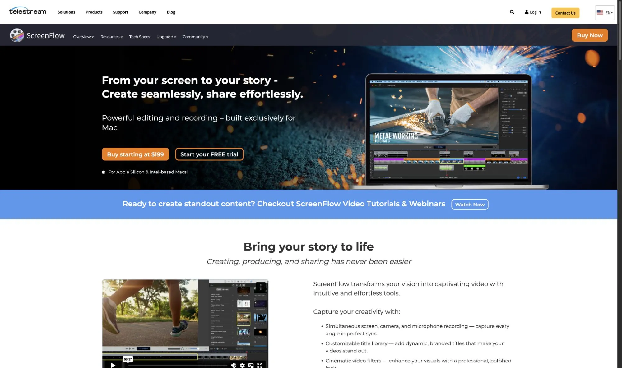 ScreenFlow product page showing the video editor on a Mac
