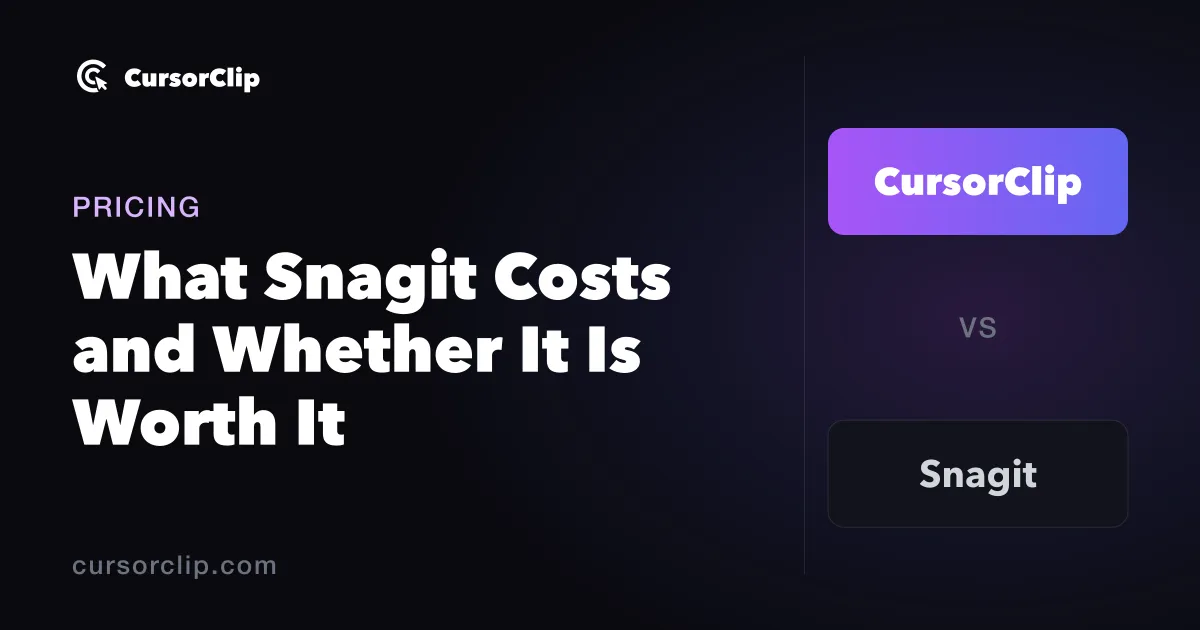 Dark CursorClip card with a gradient CursorClip pill above an outlined Snagit pill, separated by a small VS
