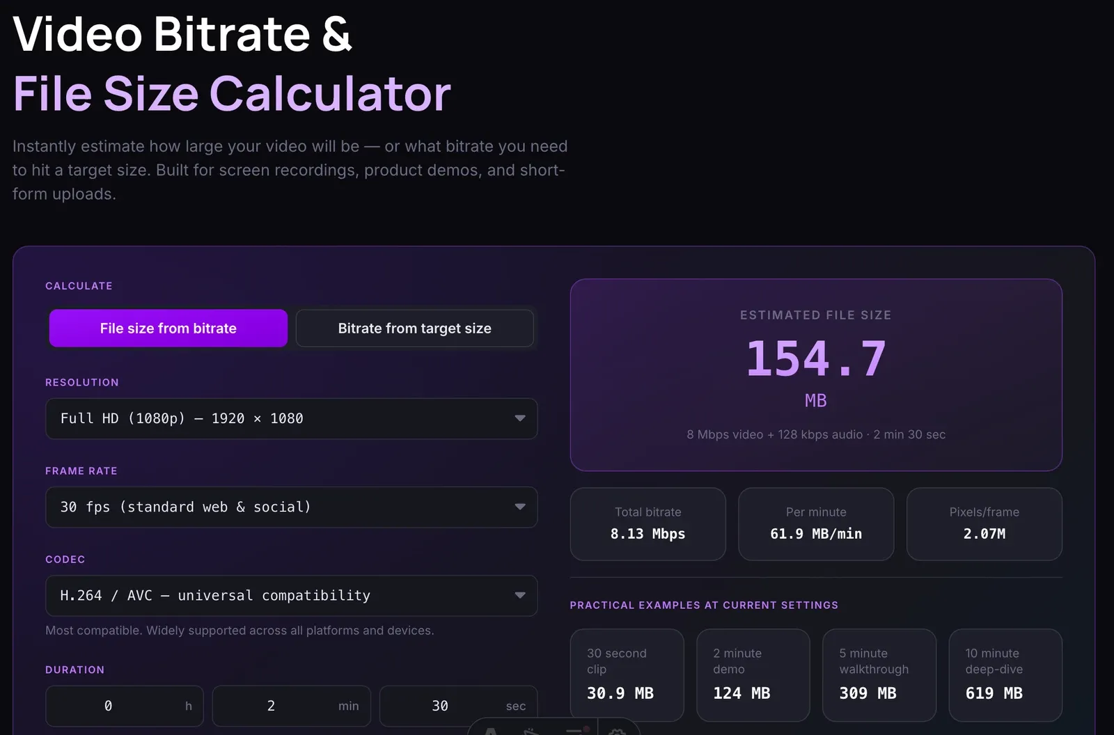 Screenshot of the Video Bitrate and File Size Calculator