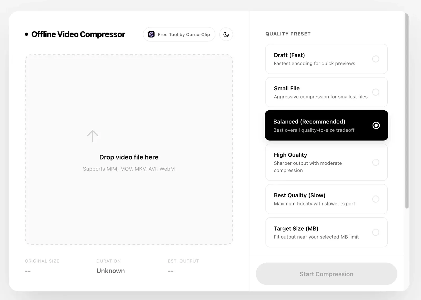 CursorClip interface showing local Mac video compression workflow and export options